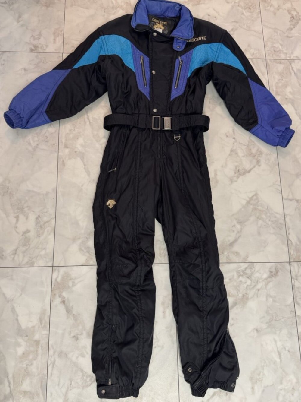 Descente One Piece Ski Suit Belted Metallic Colorblock Mens Large Retro Zip 80s